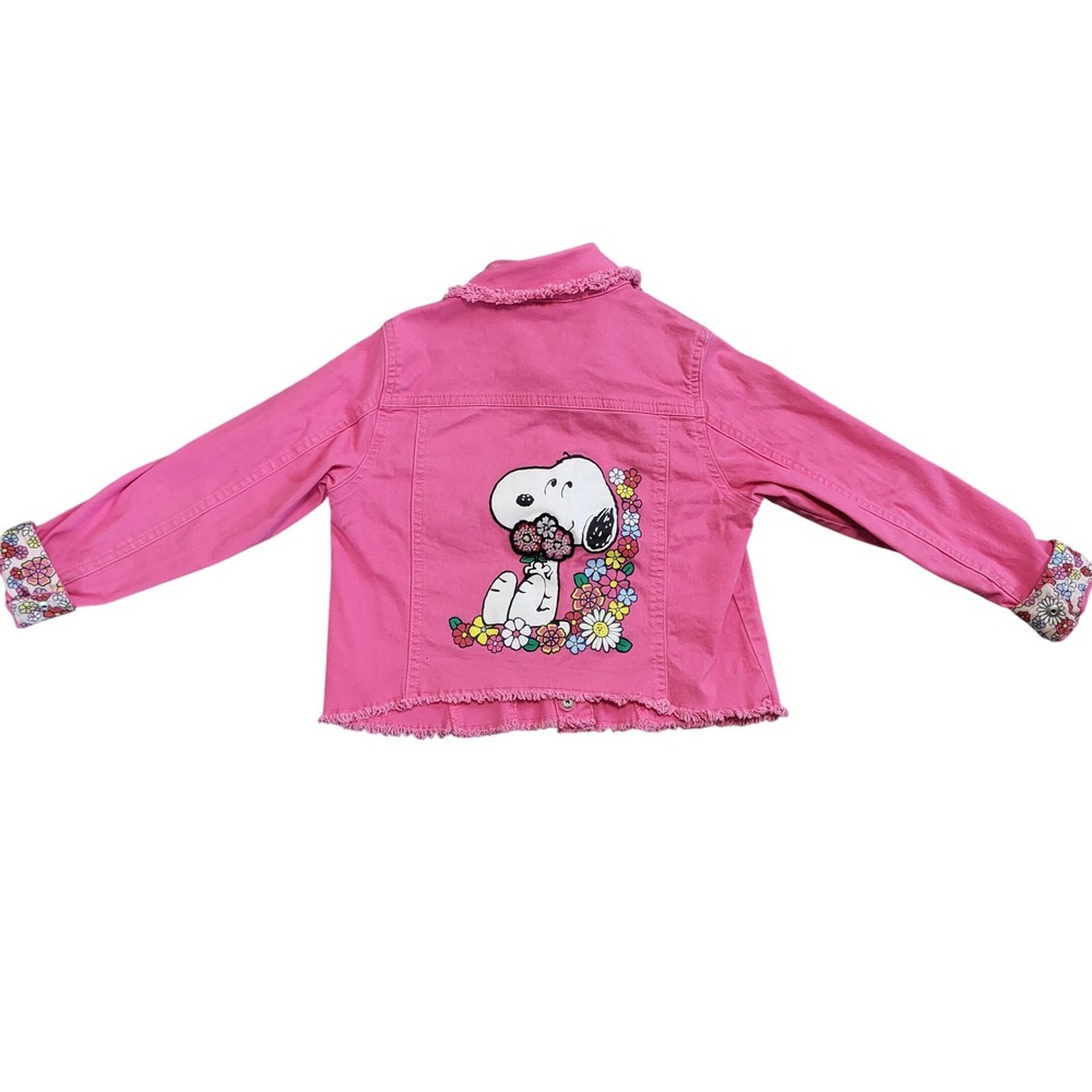 Peanuts Snoopy Woodstock Pink Denim Jacket Girls Size 7 Beaded Floral Kids Girly